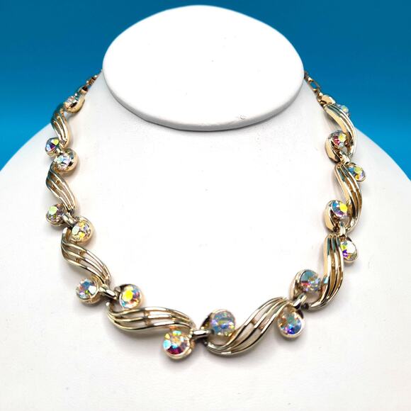 Vintage Aurora Borealis Rhinestone Choker Necklace, Unsigned Schrager 1950s - Picture 1 of 10